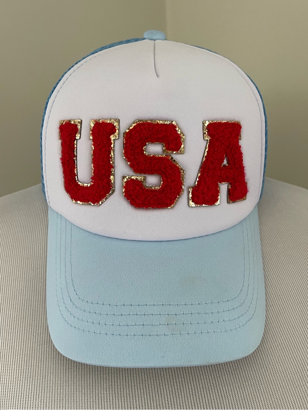 USA Trucker Hat Baby Blue White Red Chenille Gold Snapback Patriotic